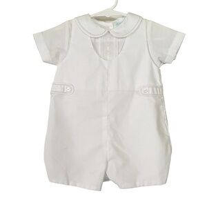 Petit Ami baby baptism christening white short sleeve romper w/ Peter Pan collar